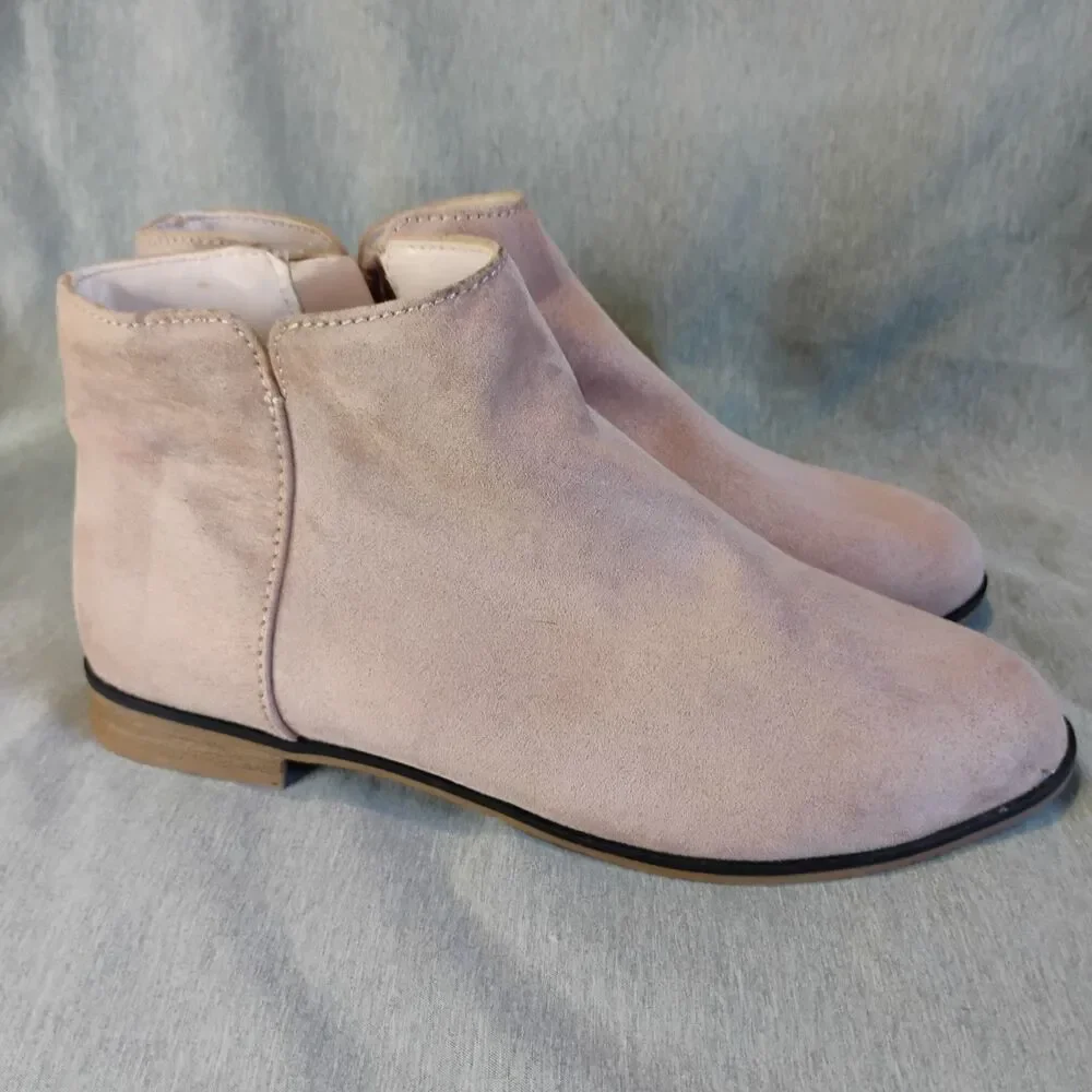 Cat & Jack Pink Suede Ankle Booties Girls Size 3 Side Zipper Low Heel Flat Shoes